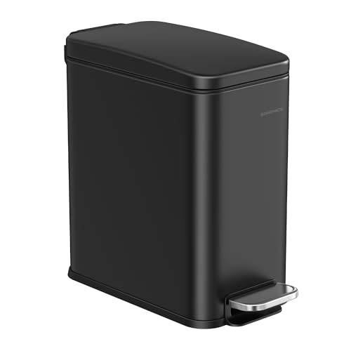SONGMICS Bathroom Bin, Narrow Pedal Toilet Bin with Lid, Slim for Small Spaces, Steel, Soft Close, 1.3 Gallons (5 L), Black LTB560B05