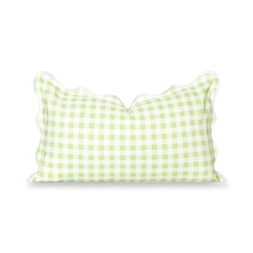 "Hofdeco Premium Grandmillennial Coastal Hampton Patio Indoor Outdoor Lumbar Pillow Cover Only, 12""x20"" Water Repellent for Backyard, Couch, Poolside, Grass Green Print Gingham"