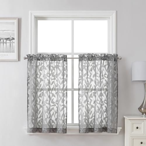 "Lecloud Leia Charcoal Grey Sheer Kitchen Curtains 30 Inch Length 2 Pcs, Leaf Textured Voile Classic Jacquard Tiers, Dual Rod Pocket Window Treatments for Bedroom Living Room, 30"" W x 30"" L"