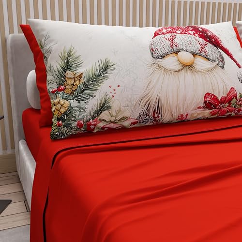 PETTI Italian Artisans - Cotton Sheets with Christmas Digital Print Pillowcases, French Queen Size Christmas Sheets, Christmas Bed Set, Xmas 13 Red, 100% Made in Italy