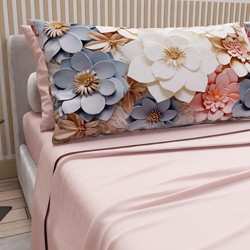 PETTI Artigiani Italiani - Cotton Sheets with Pillowcases in Digital Print, Double Bed Sheet, Floral 1 Light Powder, 100% Made in Italy