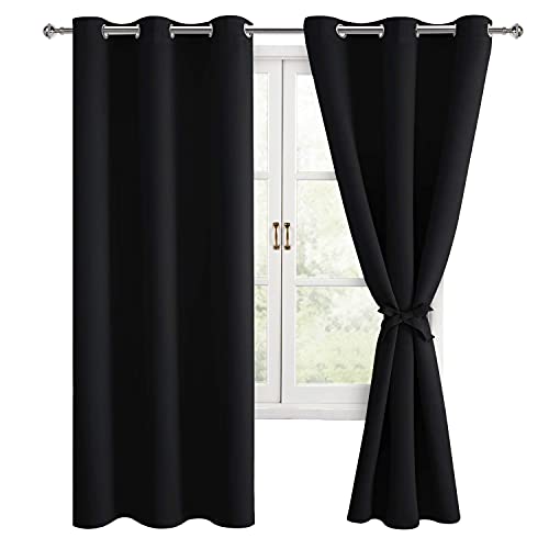 Hiasan Blackout Curtains for Bedroom, 38 x 63 Inches Length - Thermal Insulated & Noise reducing Window Curtains for Living Room, 2 Drape Panels Sewn with Tiebacks, Black