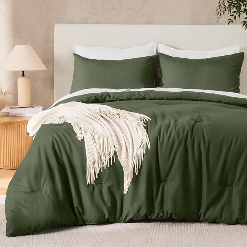 Andency Olive Green Comforter Set Super King Plus Fluffy Bedding 3 Pieces - Oversized King Lightweight Soft Comforters & Sets for All Season, Boho Microfiber Bed Set (128x120In, 2 Pillowcases)