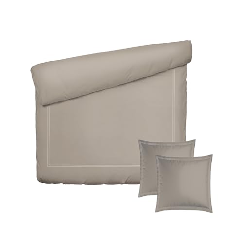 Pure Cotton 3-Piece Double Bed Linen – Duvet Cover 200 x 220 cm and 2 Pillowcases 80 x 80 cm – 100% Cotton Satin, 80 Thread Count – Oeko-TEX Certified – Calanques – Taupe