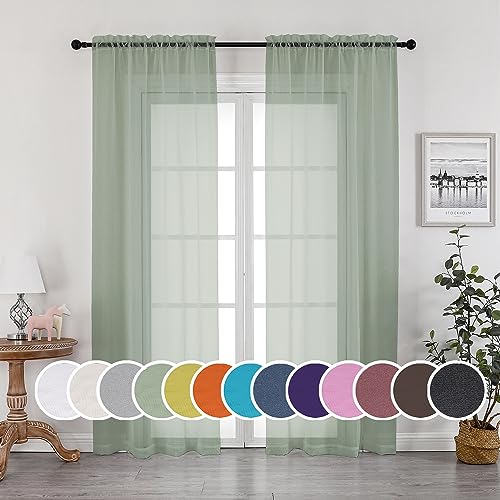 "OWENIE Sage Green Sheer Curtains 96 Inches Long 2 Panels Set, Elegant Sheer Curtains for Bedroom Living Room, 2Pcs Each 42"" W x 96"" L,Total Wide 84 Inch, Sage Green"