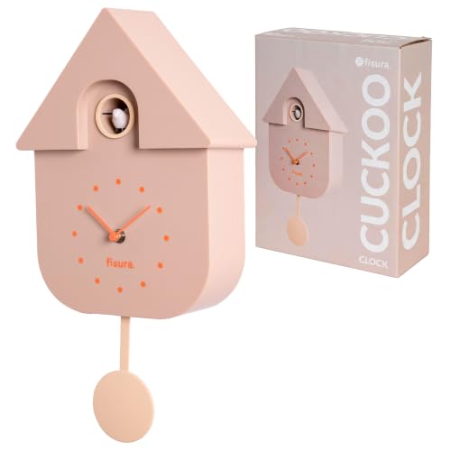 Fisura - Beige & Orange Cuckoo Wall Clock. Original Wall Clock - Modern Decorative Wall Clock. Requires 3 AA Batteries (Not Included). 8.5 x 3.1 x 16.3 in. ABS Plastic.