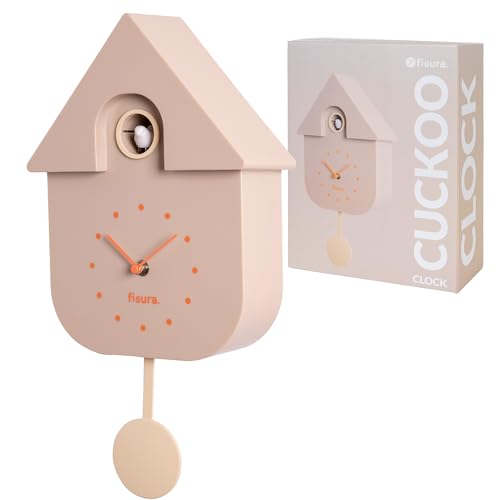 Fisura - Beige Cuckoo Style Wall Clock with Orange Dial β Silent Non-Ticking Quartz, Modern Home Decor, Gift for Living Room or Kitchen (3AA Batteries not included)
