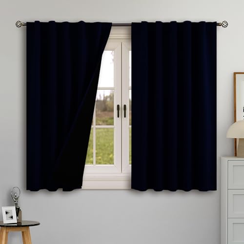 BGment 100% Blackout Curtains 40 Inch Length for Cafe, Rod Pocket and Back Tab Double Layer Thermal Insulated Full Room Darkening Bedroom Kitchen Curtains, 2 Window Panels, 42 x 40 Inch???Navy Blue