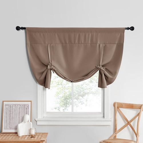 "NICETOWN Thermal Insulated Blackout Tie up Curtain for Cafe, Farmhouse Room Darkening Window Shade for Basement,Rod Pocket Adjustable Valances for Small Window, 52"" Wide by 45"" Long, Cappuccino"