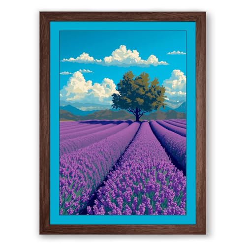 Tree in Lavender Fields Botanical Framed Wall Art Print A4 (29.7×21cm) Walnut, Wall Decor for Living Room, Bedroom, Office & Home, Ready to Hang, Art Gift