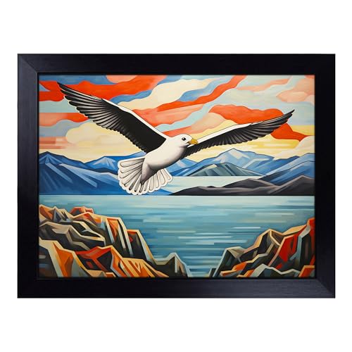 Lap Tray with Bean Bag Cushion, Seagull Art Deco - Handmade in the UK, Raised Wooden Edge, Padded Cushion, Heat-Resistant Wipe-Clean Surface, for Meals, Laptops and Crafts