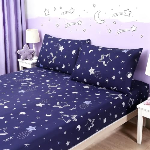 MAG 3pcs Blue Star Bed Sheet, Blue Microfiber Bedding Sheet Set with with1 Fitted Sheet and 2 Pillowcases, 14 Inches Deep (Black and White, Queen)