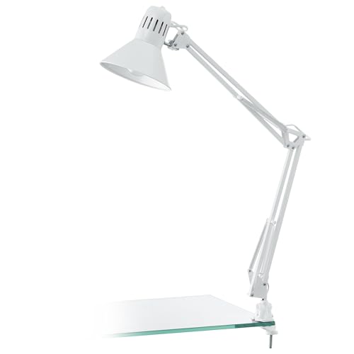 Eglo Firmo Clamp-on Industrial Desk Lamp, Vintage Bedside Light in White Steel and Plastic, Retro Office Table Lighting, E27 Socket, Incl. Switch