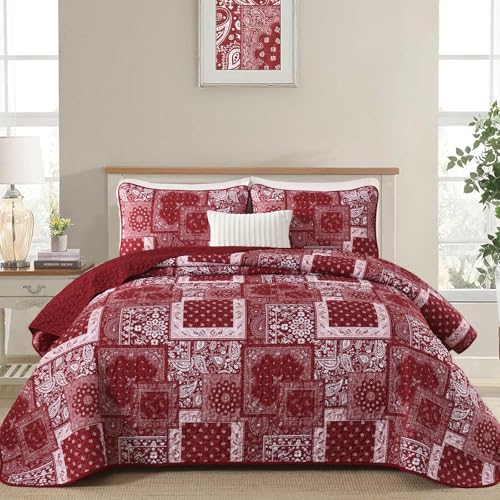 "Cottolester Queen Quilt Set 3 Pieces,Red Patchwork Quilt Set,Soft Microfiber Boho Farmhouse Bedspread Bedding Set 104""x90"""