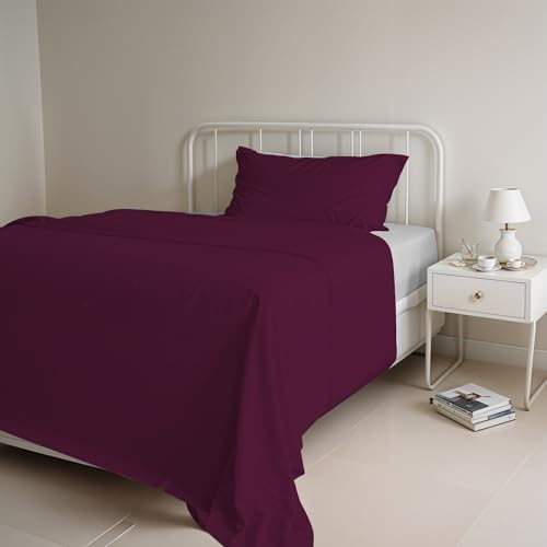 Italian Bed Linen Natural Colour Bed Sheet Set, Plum/Light Gray, Single