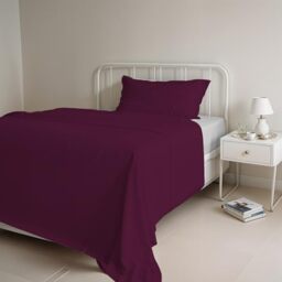 Italian Bed Linen Natural Colour Bed Sheet Set, Plum/Light Gray, Single