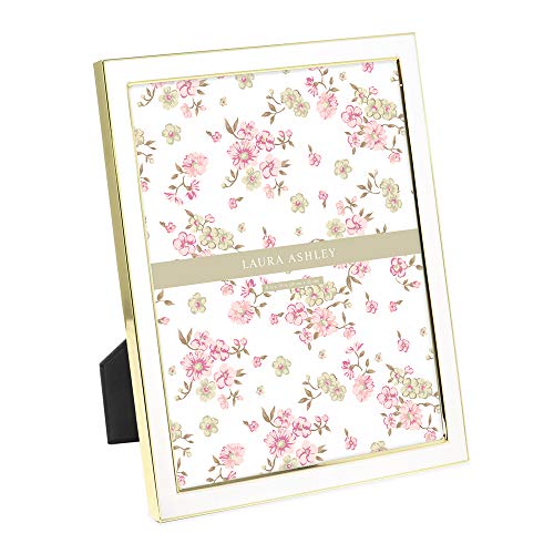 Laura Ashley 8x10 White Enamel Picture Frame, Gold Metal Edge with Easel, for Countertop, Counterspace, Tabletop Display, Bookshelf, Desk, Wall Décor, Photo Gallery