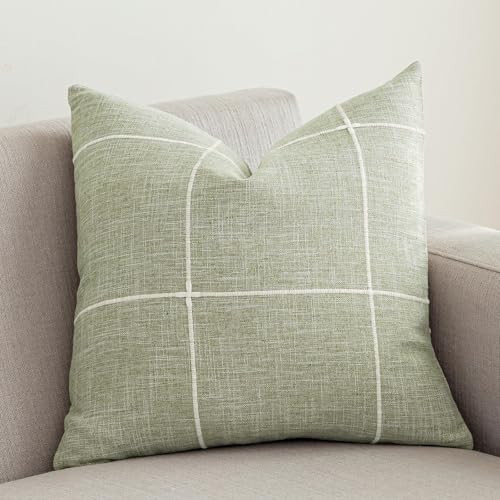 "vctops Rustic Lattice Cotton Linen Decorative Throw Pillow Cover Embroidery Square Cushion Cover Pillowcase for Sofa Bedroom Couch (Plaid Green, 20""x20"")"