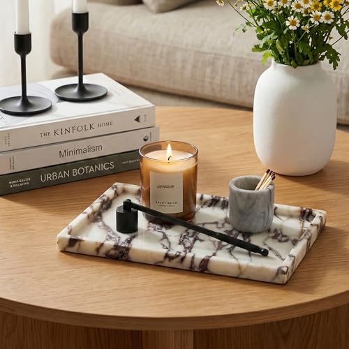 "Denique Natural Marble Vanity Tray for Bathroom Countertop, Stone Storage Tray for Home Decor, 12""x8"" Genuine Calacatta Viola Marble Perfume Jewelry Organizer for Kitchen Dresser"