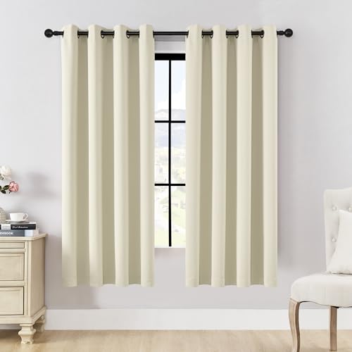 HUTO Beige Blackout Window Curtains and Drapes - Thermal Insulated Solid Antique Copper Grommet Top Blackout Panels Draperies for Kid's Room (Cream White, 1 Pair, 52 x 63 Inch)