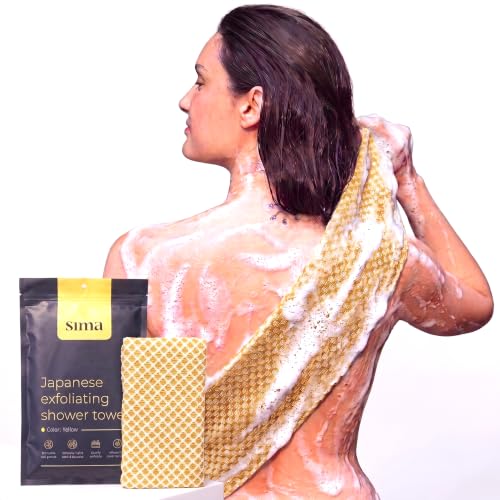 Exfoliating Washcloth Face & Body Scrub Towel - Japanese Exfoliating Towel with Hexagon Fibers, Body Scrubber with 2 Sides for Scrubbing & Washing, Extra Long Body Towel (Yellow)