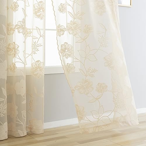 "Beige Lace Sheer Curtains for Bedroom Living Room 95 Inch Length Light Filtering Leaf and Floral Knitted Semi Sheer Window Curtains Elegant French Lace Curtains Ivory, 54""w 1 Pair Rod Pocket 8ft"