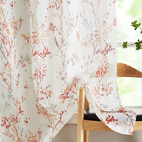 Treatmentex Tree Print Semi-Sheer Curtains 63inch Length White Red Orange Branch Curtain Panels for Living Room Bedroom Linen Textured Look Privacy Semi Sheer Curtains 2pcs Grommet Top