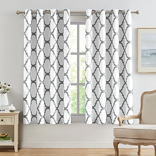 Melodieux Moroccan Printed Room Darkening Blackout Grommet Curtains for Bedroom Living Room Small Windows, 52 by 45 Inch, Off White/Grey (2 Panels)