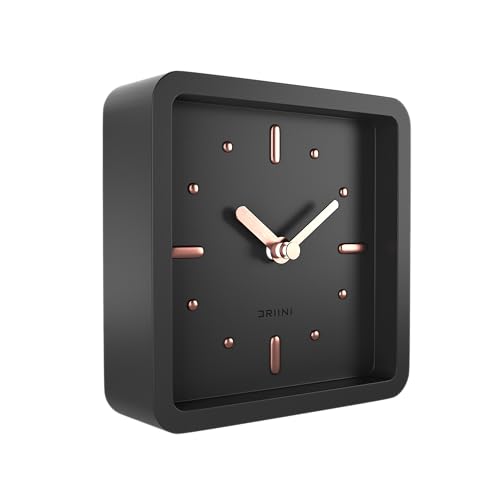Driini Modern Mid Century Desk & Shelf Clock (Black Rose Gold) - Small Battery Operated and Silent Analog Tabletop Clocks for Living Room Decor – Ideal for Mantle, Office Table, Desktop or Nightstand