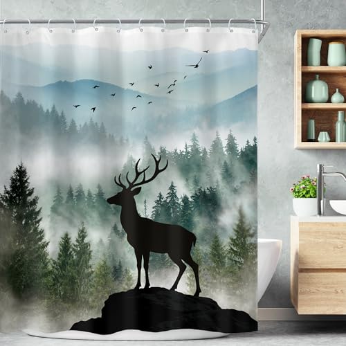 "Rustic Mountain Green Deer Misty Woodland Bathroom Shower Curtain Set - 60""W x 72""L shower curtain??? Nature Tree: HD waterproof print, quick-dry cloth, free hooks for easy installation."