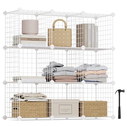 SONGMICS 9-Cube Wire Grid Storage Rack, Interlocking Shelving Unit with Metal Mesh Shelves and PP Plastic Sheets, for Books Shoes Clothes Tools, in Living Room Bathroom, White LPI115W