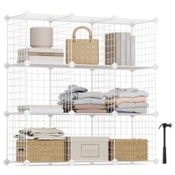 SONGMICS 9-Cube Wire Grid Storage Rack, Interlocking Shelving Unit with Metal Mesh Shelves and PP Plastic Sheets, for Books Shoes Clothes Tools, in Living Room Bathroom, White LPI115W