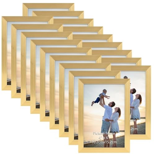Hoikwo 18 Packs 4x6 Gold Multi Plastic Picture Frames Set with Plastic Cover for Family Photos, Artwork, Light Weight Bulk 4 by 6 Frames Pack for Wall Hanging and Table, Stylish Picture Frames