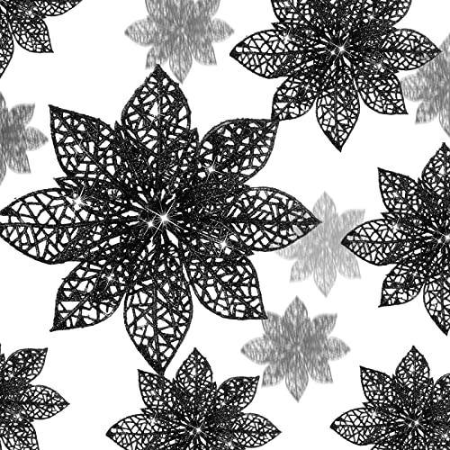 24 Pieces Glitter Poinsettia Christmas Tree Ornament Christmas Flowers Decor Ornament, 3/4/6 Inches (Black)