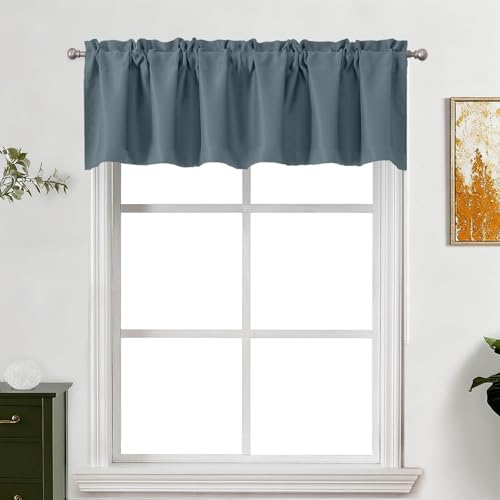 "Lecloud Stone Blue Valance for Windows 16 Inch Length, Privacy Thermal Insulated Room Darkening Valance, Solid Rod Pocket Window Treatments for Bathroom Bedroom Cabinet Kitchen, 60"" W x 16"" L 1 Panel"