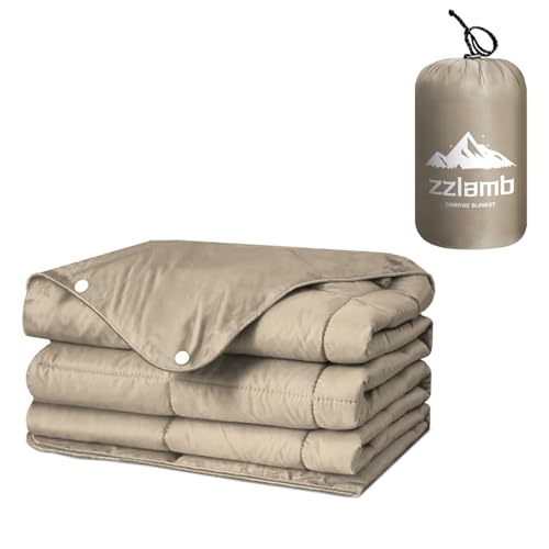zzlamb Camping Blanket for Adults, Compact Lightweight Soft Puffy Blanket Water-Repellent, Packable Warm Quilt Down Alternative Couch Car Travel RV Picnic Hiking Backpacking Beach, Khaki 52''x75''