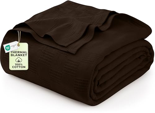 Utopia Bedding Brown 100% Cotton Blanket [Queen Size - 90x90 Inch] 350GSM Lightweight, Soft and Breathable Thermal Blanket for All Seasons