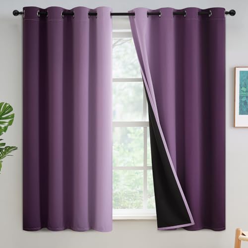 Yakamok 100% Blackout Purple Curtains 54 inches Long for Living Room - Room Darkening Ombre Curtain for Bedroom Grommet Light Blocking Thermal Insulated Gradient Drapes???2 Panels???52W x54L