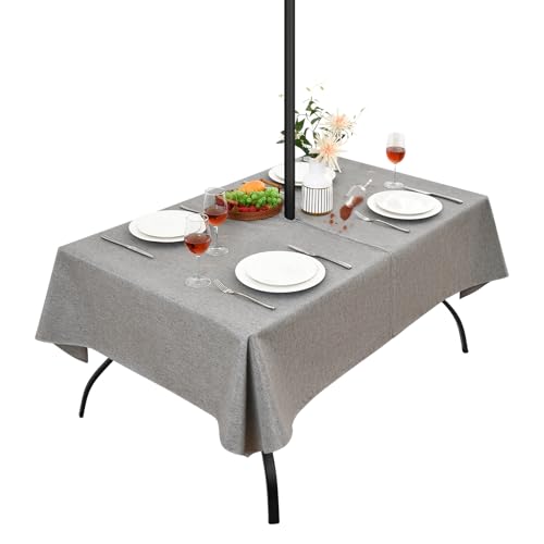 Wolkemer Water Resistant Outdoor Grey Tablecloth with Umbrella Hole and Zipper, 60x84 inch Rectangle Faux Linen Table Cloth Wipeable Patio Table Cover for Picnic Camping Party