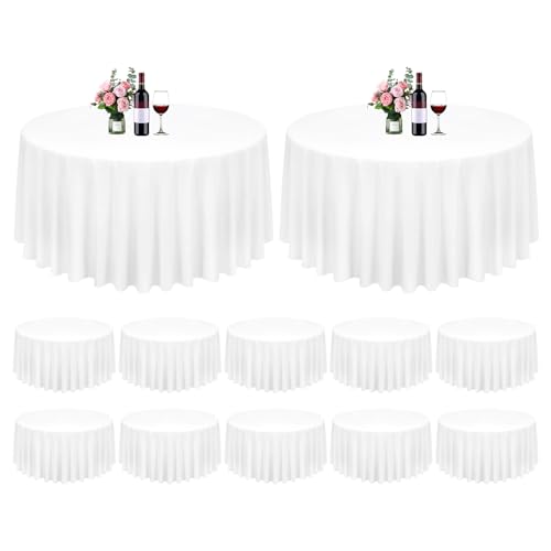 FXKS 12 Pack White Round Tablecloths 120 Inch, Heavy Duty Polyester Circle Table Cloth, Stain & Wrinkle Resistant, Opaque Professional Grade for Weddings, Parties, Banquets & Events