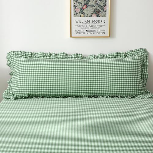 K MASANIJI Green White Plaid Ruffle Gingham Bedding Body Pillow Cover, 100% Washed Cotton Checkered Vintage Farmhouse Decorative Bed Pillow Sham Envelope Closure - 20''x54''
