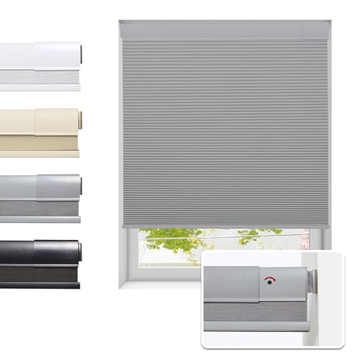 "Tonature No Drill Cellular Shades for Indoor Windows, Thermal Insulating & Noise Reducing Honeycomb Blinds, Free Stop Cordless Blackout Shades, Grey,19"" W x 64"" H"