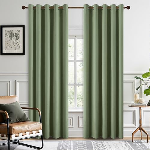 DONREN Total Blackout Linen Curtains 84 Inch Length for Bedroom Living Room, Farmhouse 100% Black Out Thermal Insulated Privacy Lightweight Grommet Curtain Panels, Sage Green, W66 x L84, 2 Panels