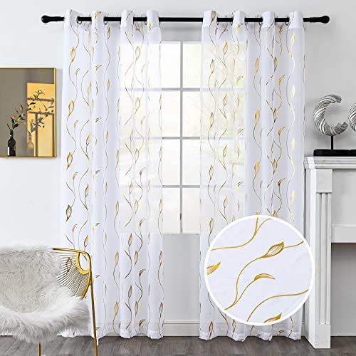 youleyar Gold Foil Print Voile Sheer Curtains,Wicker Grommet Top Window Drapes 72 Inches Long, Luxury Metallic Bronzing Treatment Panels for Home Window Decoration, 2 Panels