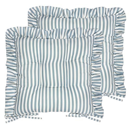 Wylder Millie Ruffle Seat Pads – Pack of 2 – Heritage Stripe Indoor Outdoor Dining & Patio Chair Cushions with Ties (Blue - 40x40cm)
