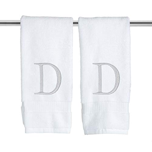 Decorvo Monogrammed Hand Towels for Bathroom - Luxury Hotel Quality Personalized Initial Decorative Embroidered Bath Towel for Powder Room, Spa - GOTS Organic Certified - Pack of 2, Letter D