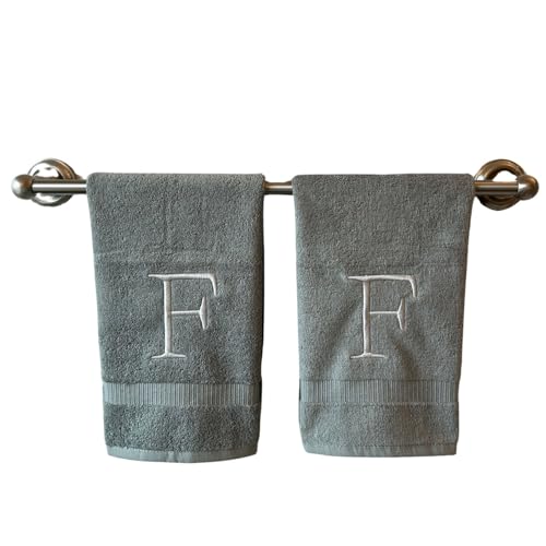 Gray with Silver Monogrammed Hand Towels for Bathroom - Set of 2 Letter F - Luxury Hotel Quality Initial Towels For Powder Room, Spa, GOTS Organic Certified