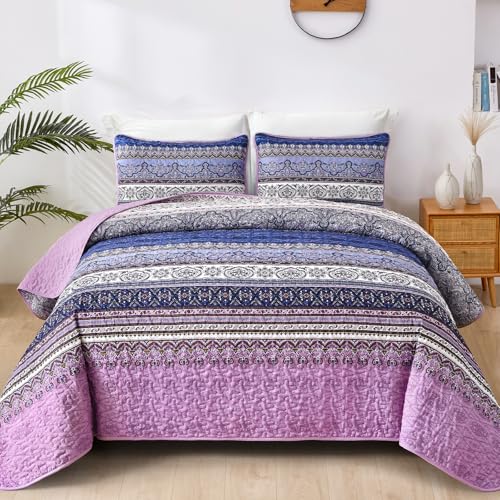 "WONGS BEDDING Boho King Quilt Set, Purple Bohemian Quilt Bedding Set, Lightweight Bed Decor Bedspread for All Season Reversible Microfiber Coverlet Bedding Set 110""x90""(3 Pieces)"