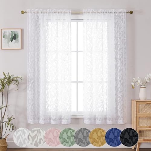 OWENIE Leyna 2 Panels Sheer White Curtains 63 Inch Length for Bedroom, Soft Lightweight Jacquard Clip Window Curtain for Living Room, Double Rod Pockets Textured Drapes, Each 40Wx63L Inches