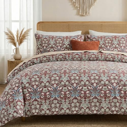 Cozeline 100% Cotton Duvet Cover King Size, Red Paisley Print Bedding Set with Zipper Closure, 3 Pcs Breathable and Luxury Duvet Cover for All Season